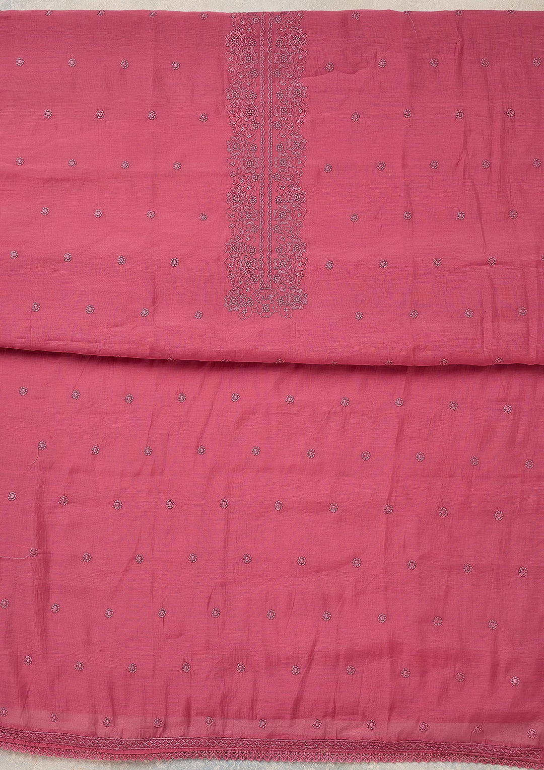 Pink Semi Crepe Threadwork Unstitched Dress Material With Matching Bottom And Dupatta