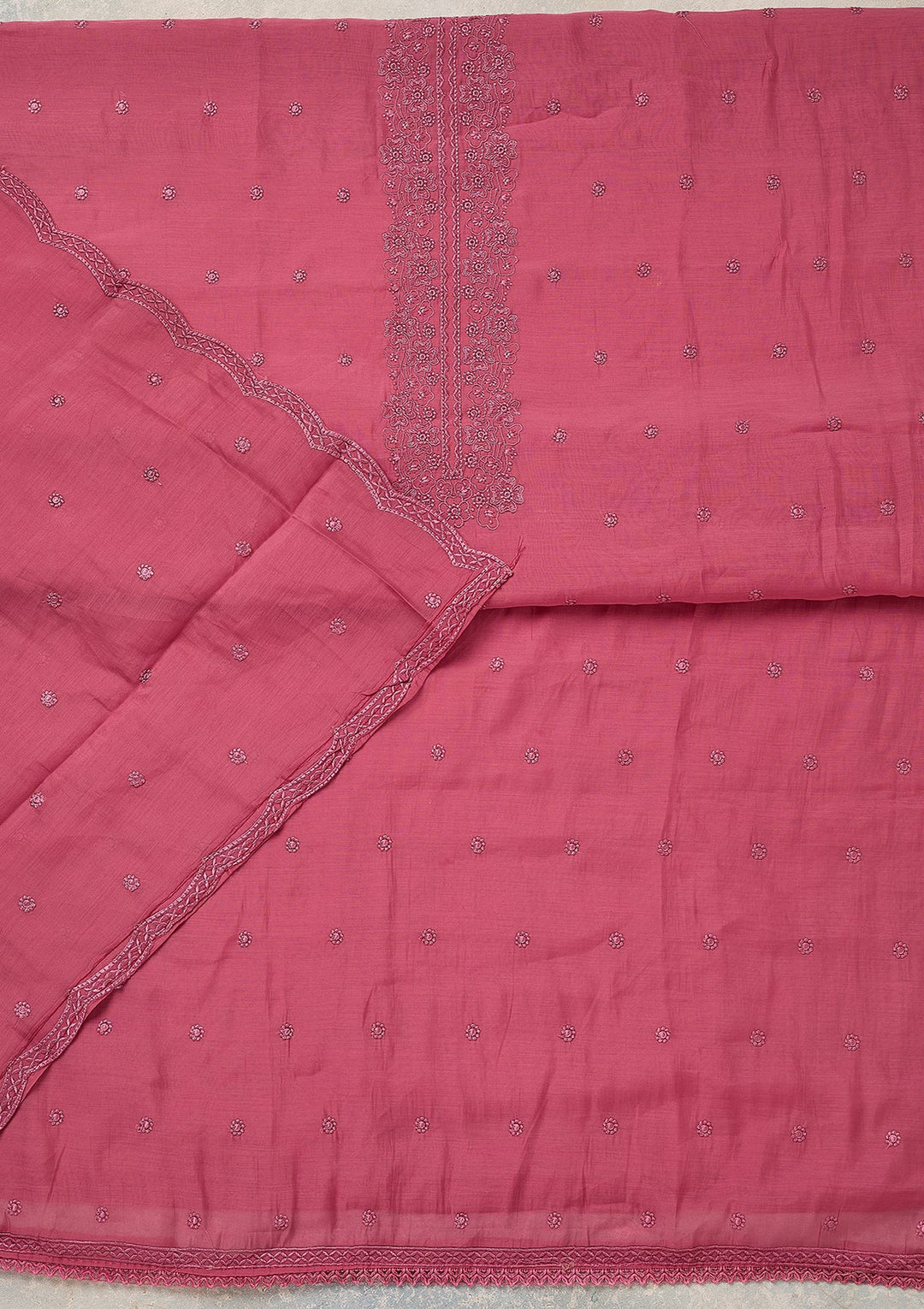 Pink Semi Crepe Threadwork Unstitched Dress Material With Matching Bottom And Dupatta