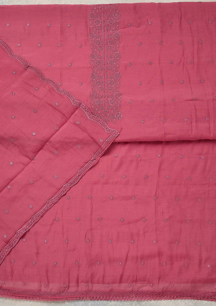 Pink Semi Crepe Threadwork Unstitched Dress Material With Matching Bottom And Dupatta