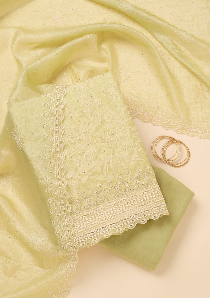 Pista Green Tissue Threadwork Unstitched Dress Material With Matching Bottom And Dupatta