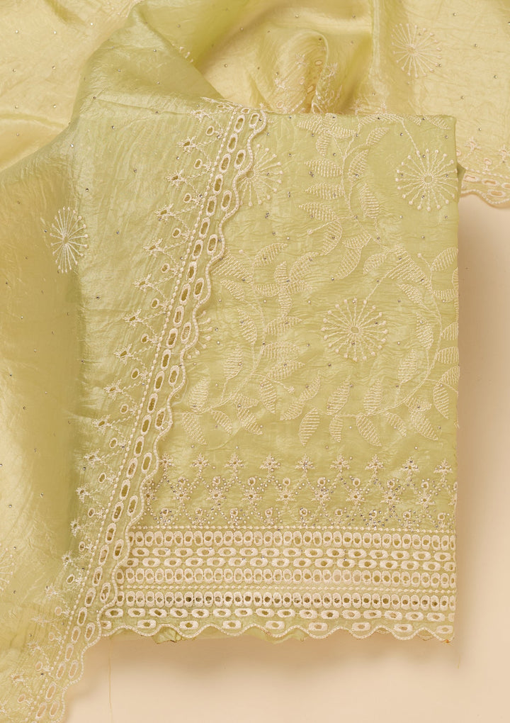 Pista Green Tissue Threadwork Unstitched Dress Material With Matching Bottom And Dupatta