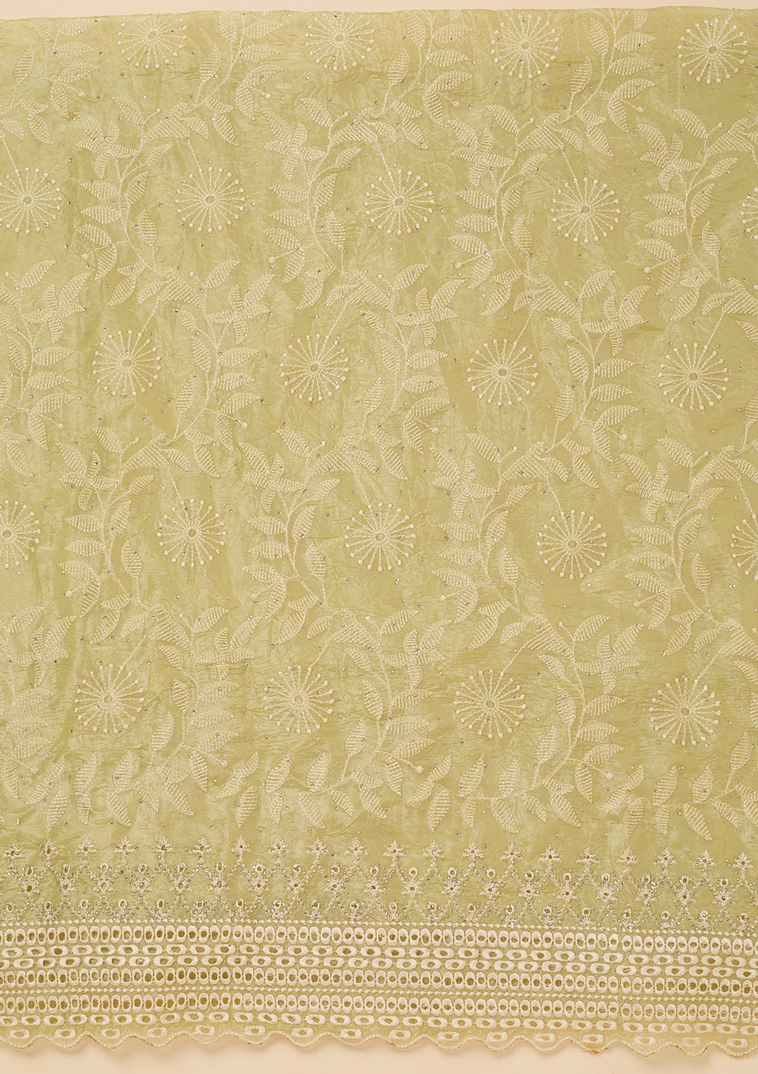 Pista Green Tissue Threadwork Unstitched Dress Material With Matching Bottom And Dupatta