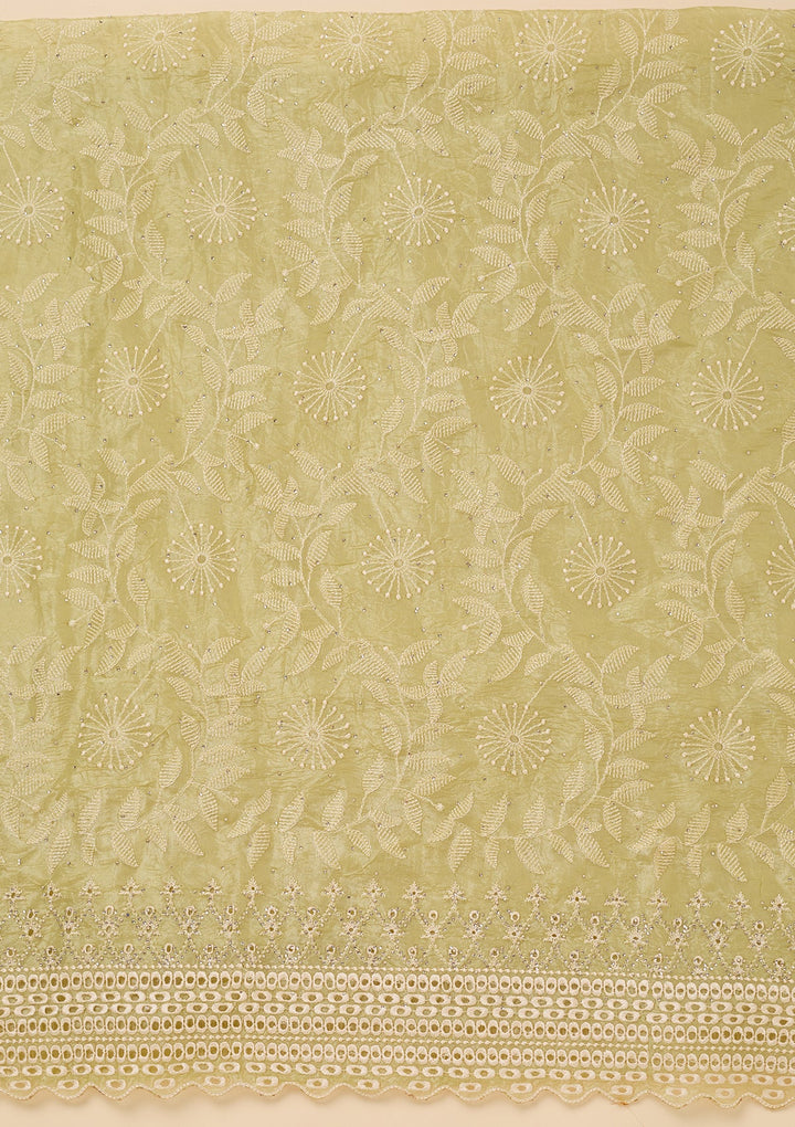 Pista Green Tissue Threadwork Unstitched Dress Material With Matching Bottom And Dupatta