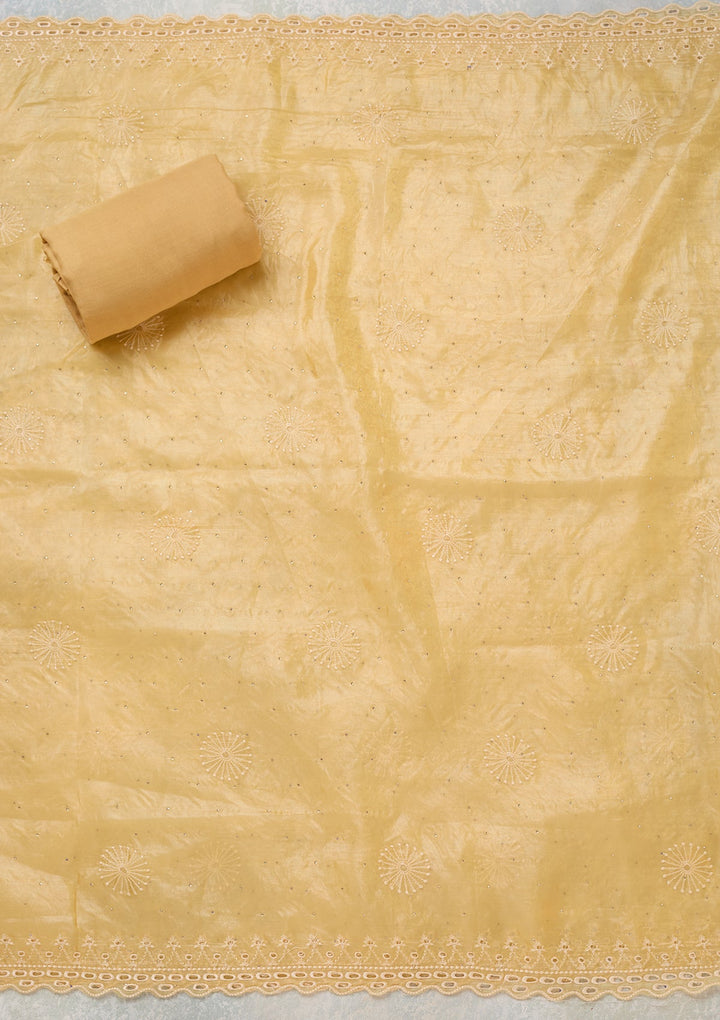 Yellow Tissue Threadwork Unstitched Dress Material With Matching Bottom And Dupatta