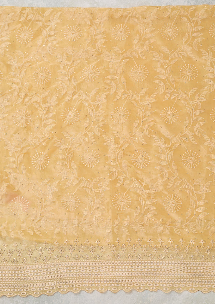 Yellow Tissue Threadwork Unstitched Dress Material With Matching Bottom And Dupatta