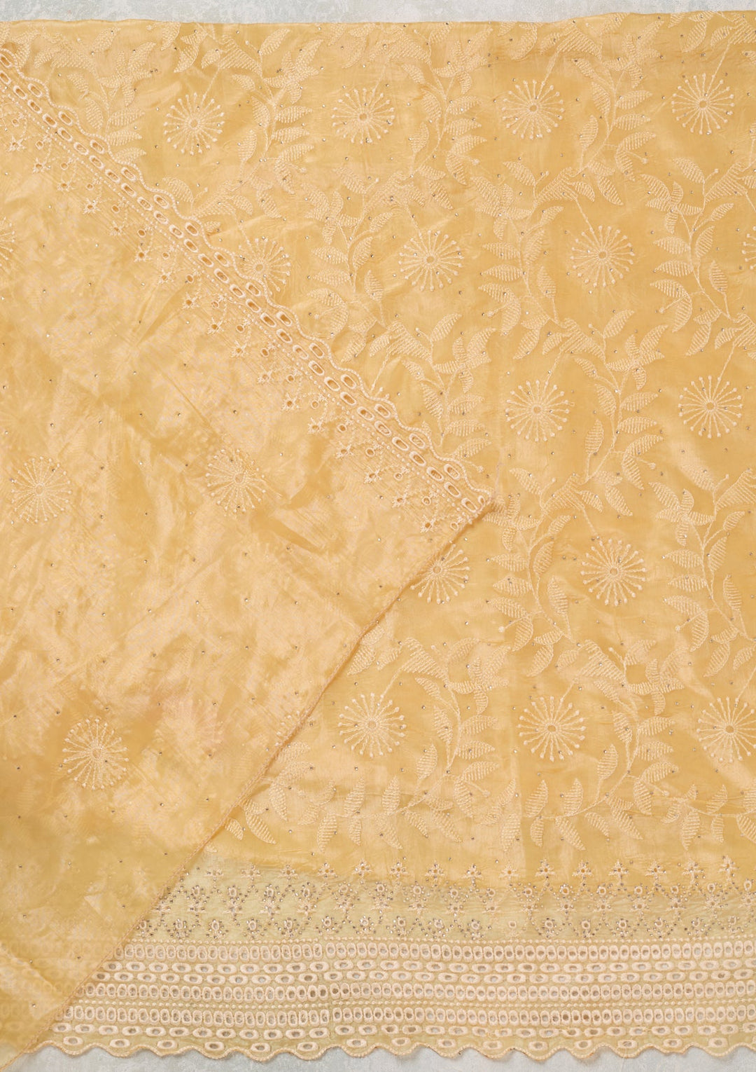 Yellow Tissue Threadwork Unstitched Dress Material With Matching Bottom And Dupatta