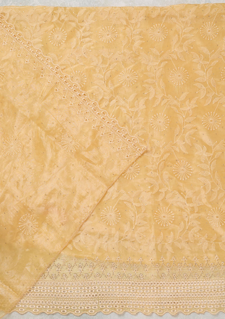 Yellow Tissue Threadwork Unstitched Dress Material With Matching Bottom And Dupatta