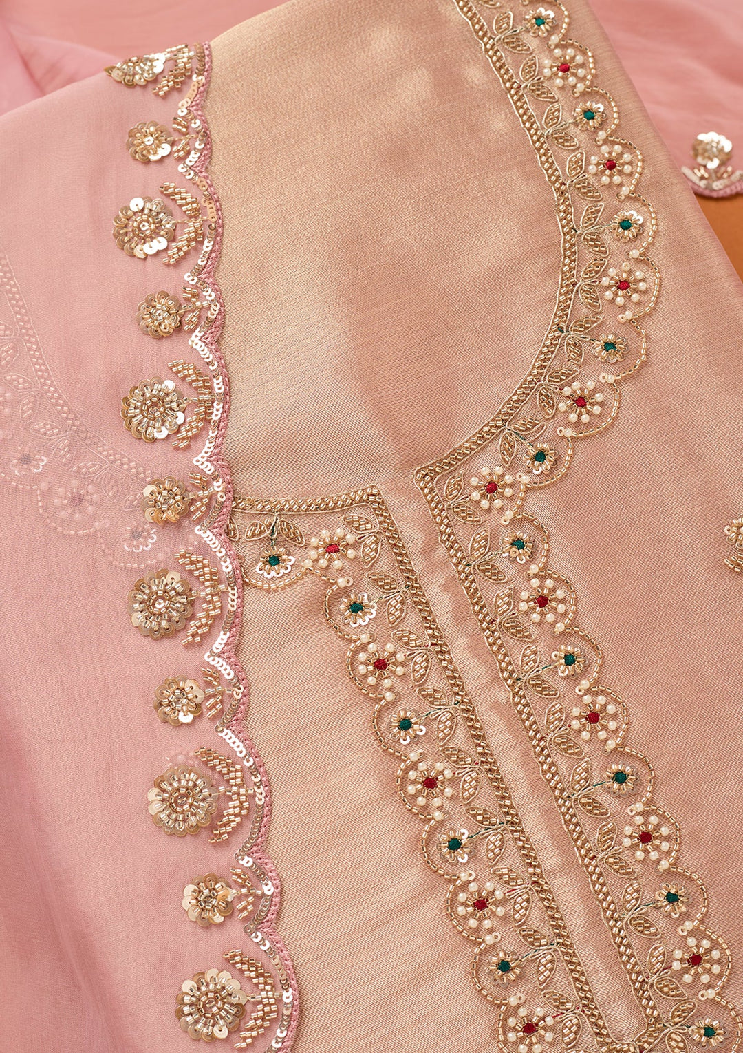 Baby Pink Tissue Cutdana Unstitched Dress Material With Matching Bottom And Dupatta