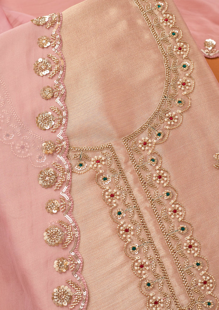 Baby Pink Tissue Cutdana Unstitched Dress Material With Matching Bottom And Dupatta