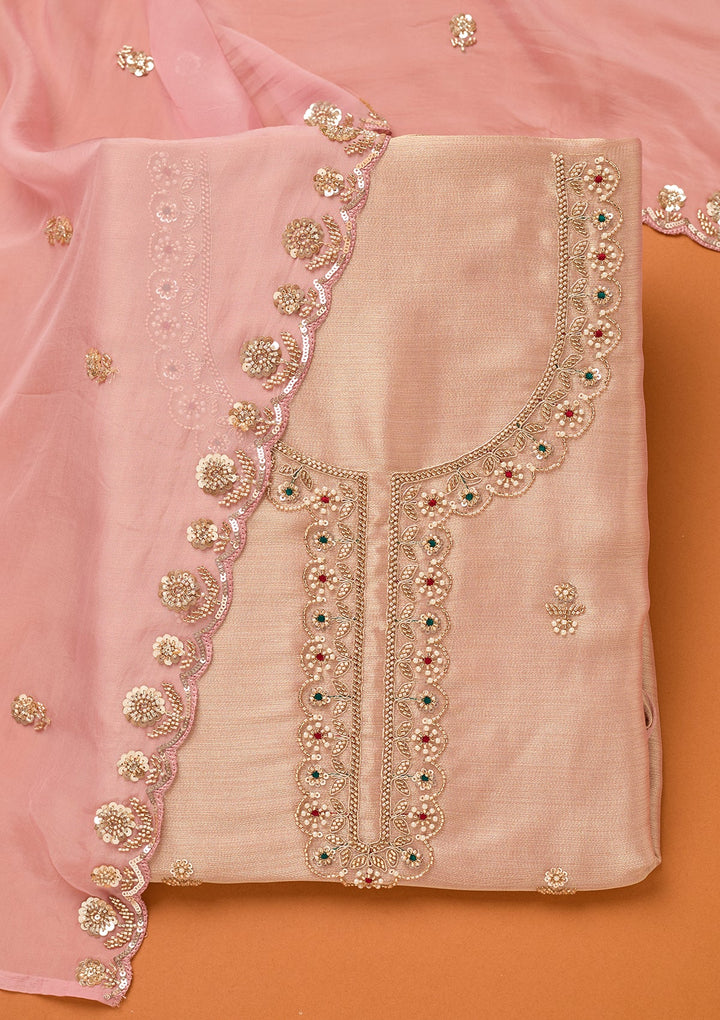 Baby Pink Tissue Cutdana Unstitched Dress Material With Matching Bottom And Dupatta