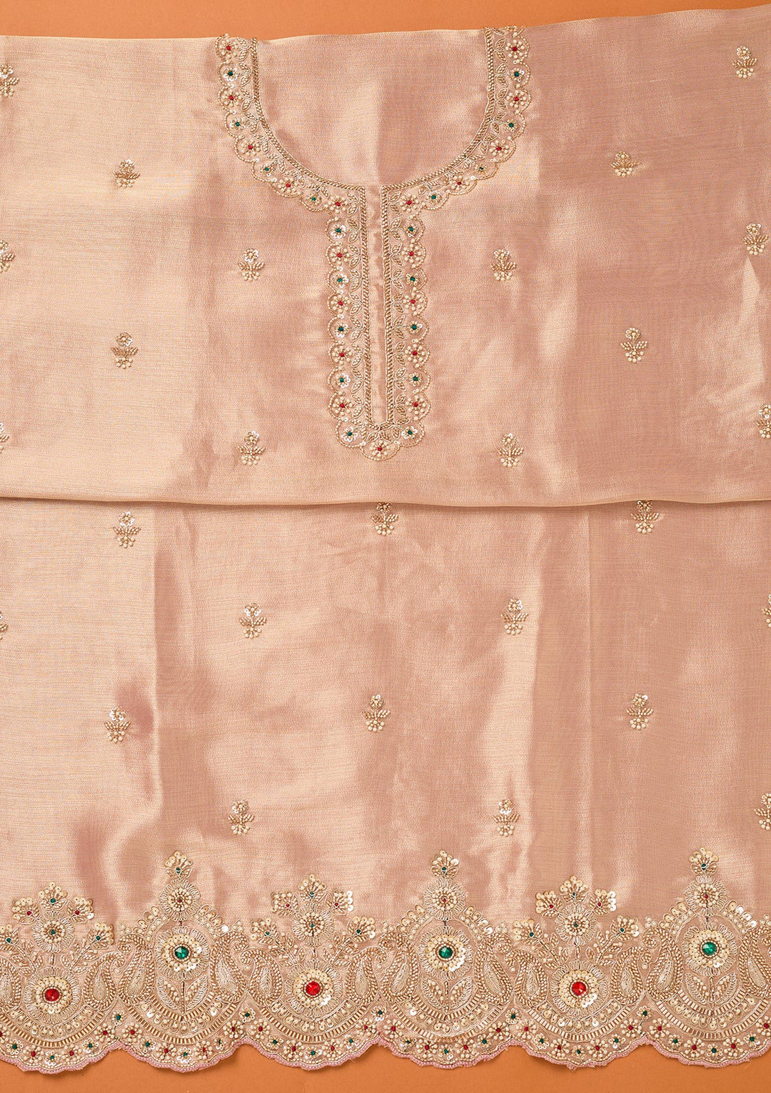 Baby Pink Tissue Cutdana Unstitched Dress Material With Matching Bottom And Dupatta