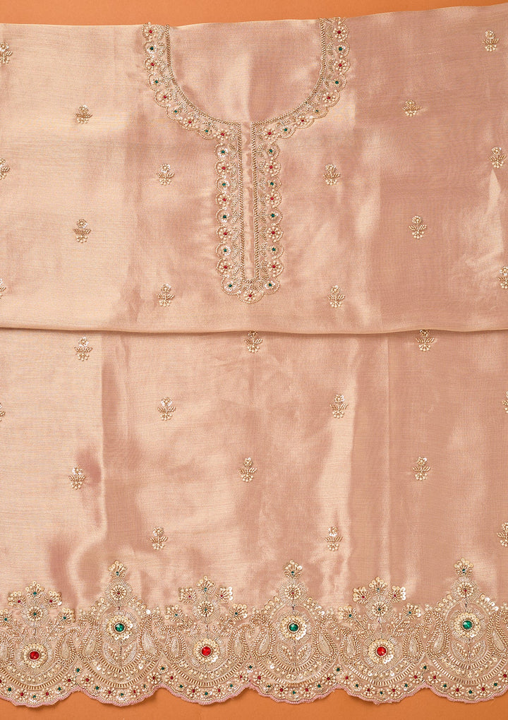 Baby Pink Tissue Cutdana Unstitched Dress Material With Matching Bottom And Dupatta