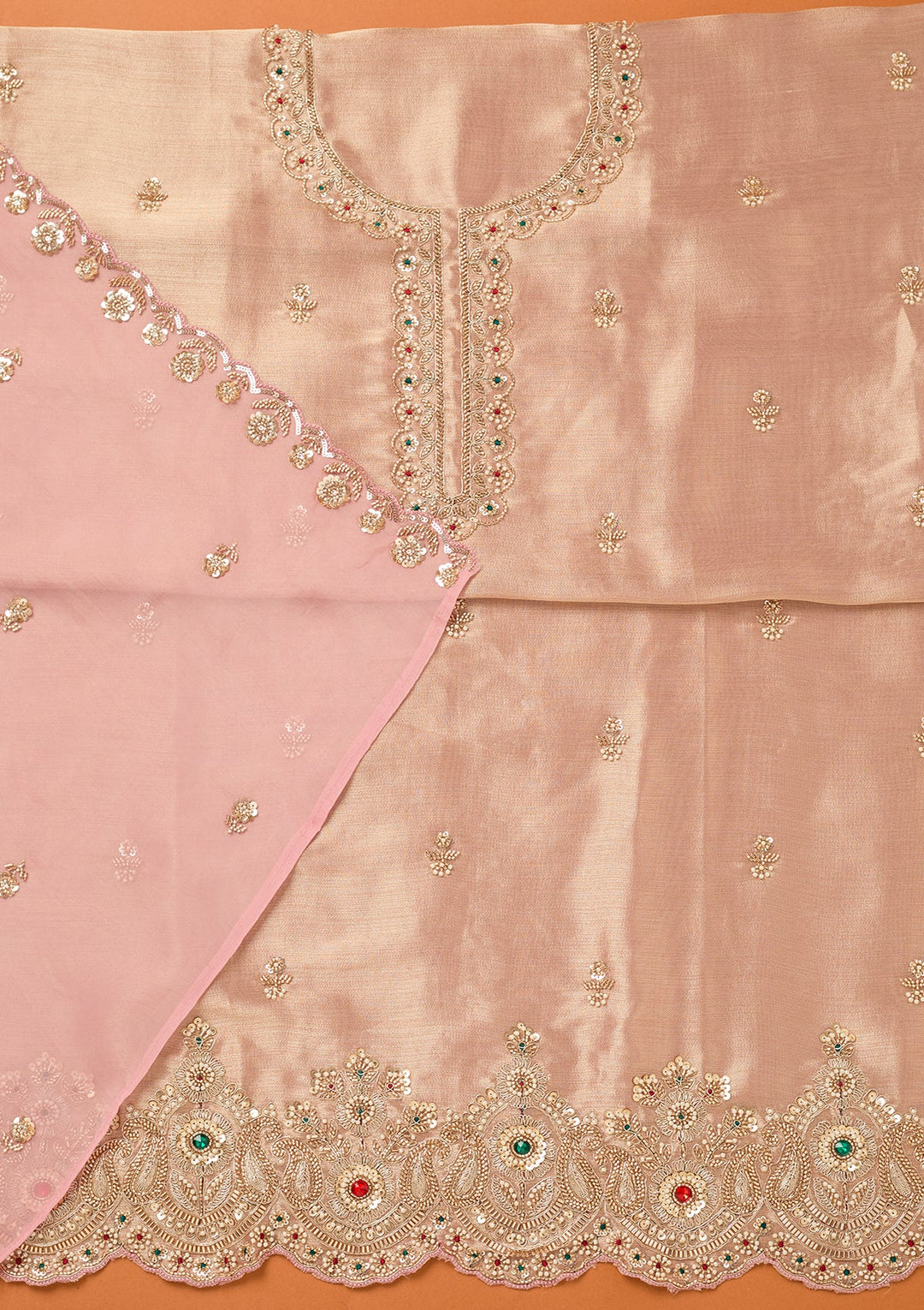 Baby Pink Tissue Cutdana Unstitched Dress Material With Matching Bottom And Dupatta