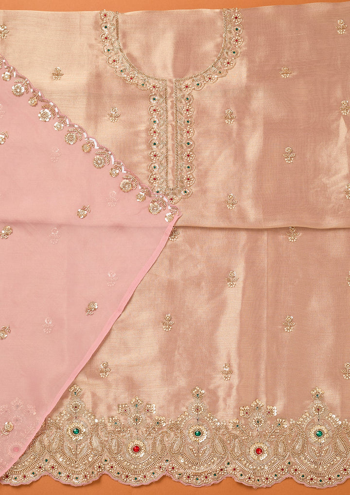 Baby Pink Tissue Cutdana Unstitched Dress Material With Matching Bottom And Dupatta