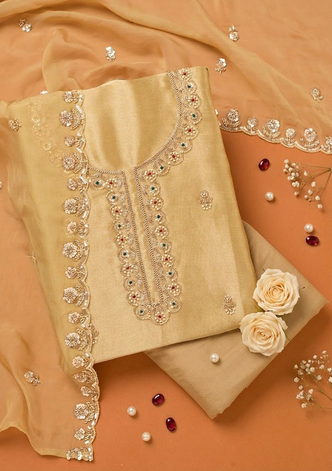 Beige Tissue Cutdana Unstitched Dress Material With Matching Bottom And Dupatta