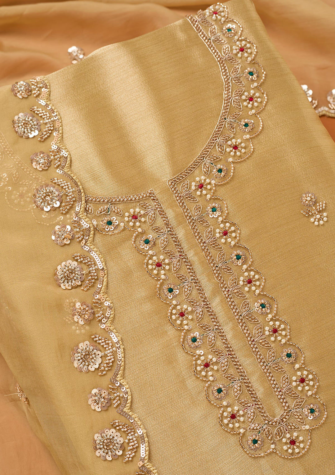 Beige Tissue Cutdana Unstitched Dress Material With Matching Bottom And Dupatta