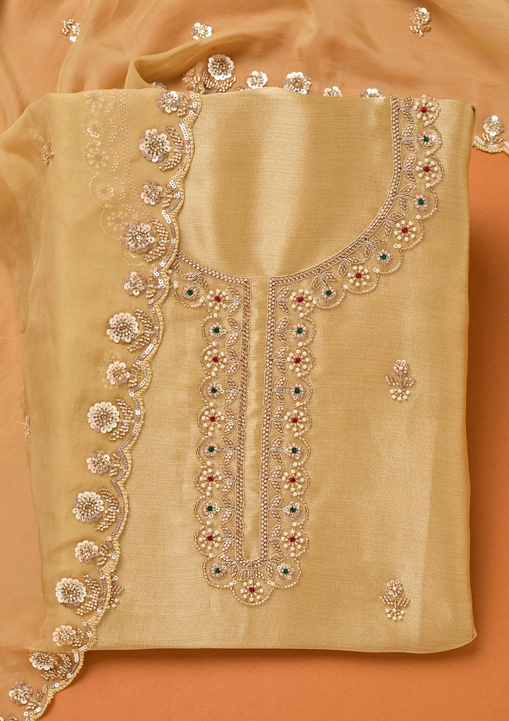 Beige Tissue Cutdana Unstitched Dress Material With Matching Bottom And Dupatta