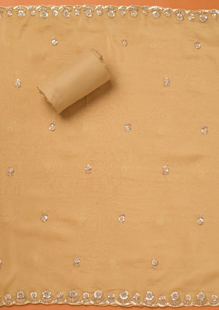 Beige Tissue Cutdana Unstitched Dress Material With Matching Bottom And Dupatta