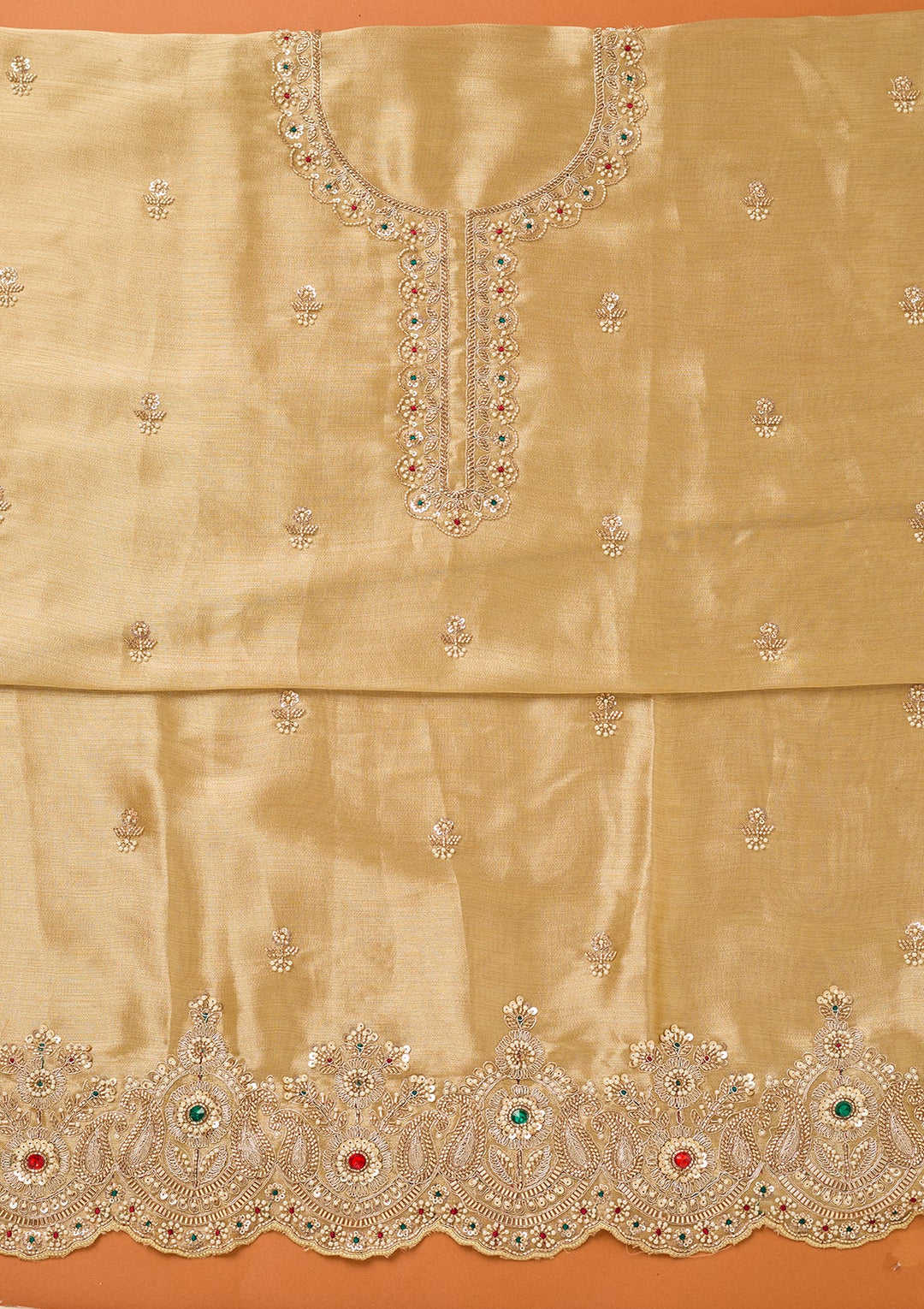 Beige Tissue Cutdana Unstitched Dress Material With Matching Bottom And Dupatta