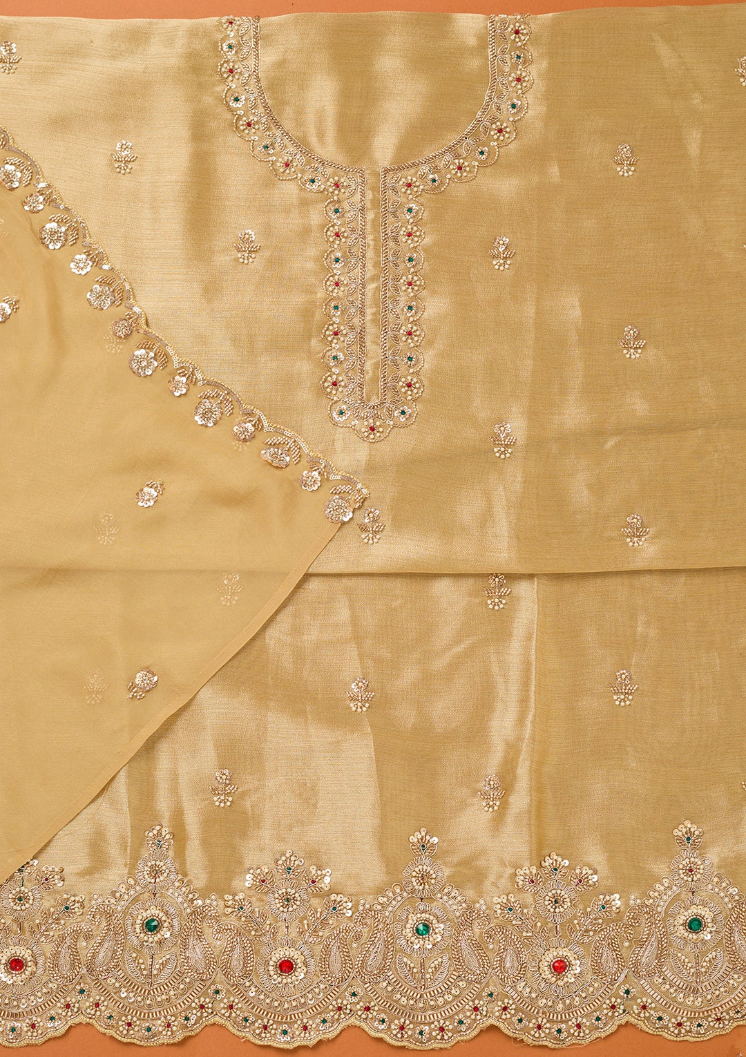 Beige Tissue Cutdana Unstitched Dress Material With Matching Bottom And Dupatta