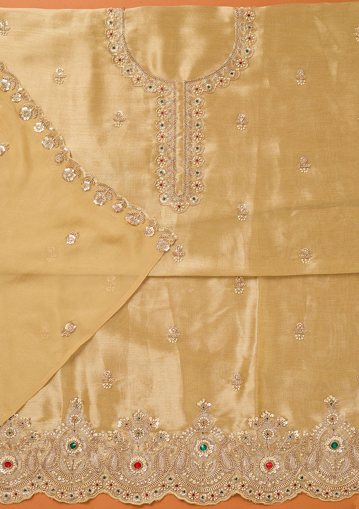 Beige Tissue Cutdana Unstitched Dress Material With Matching Bottom And Dupatta