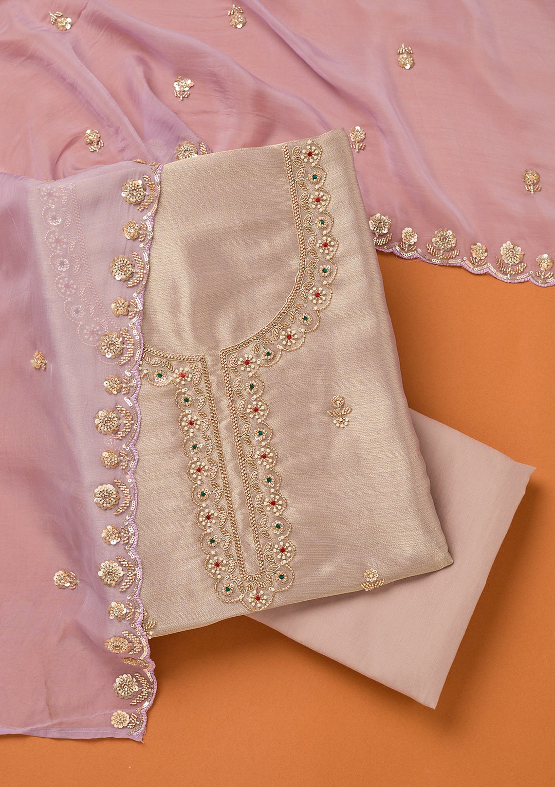 Lavender Tissue Cutdana Unstitched Dress Material With Matching Bottom And Dupatta