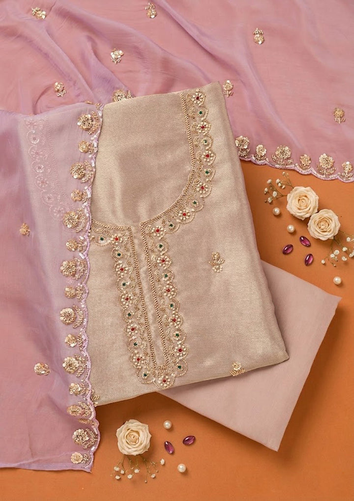 Lavender Tissue Cutdana Unstitched Dress Material With Matching Bottom And Dupatta