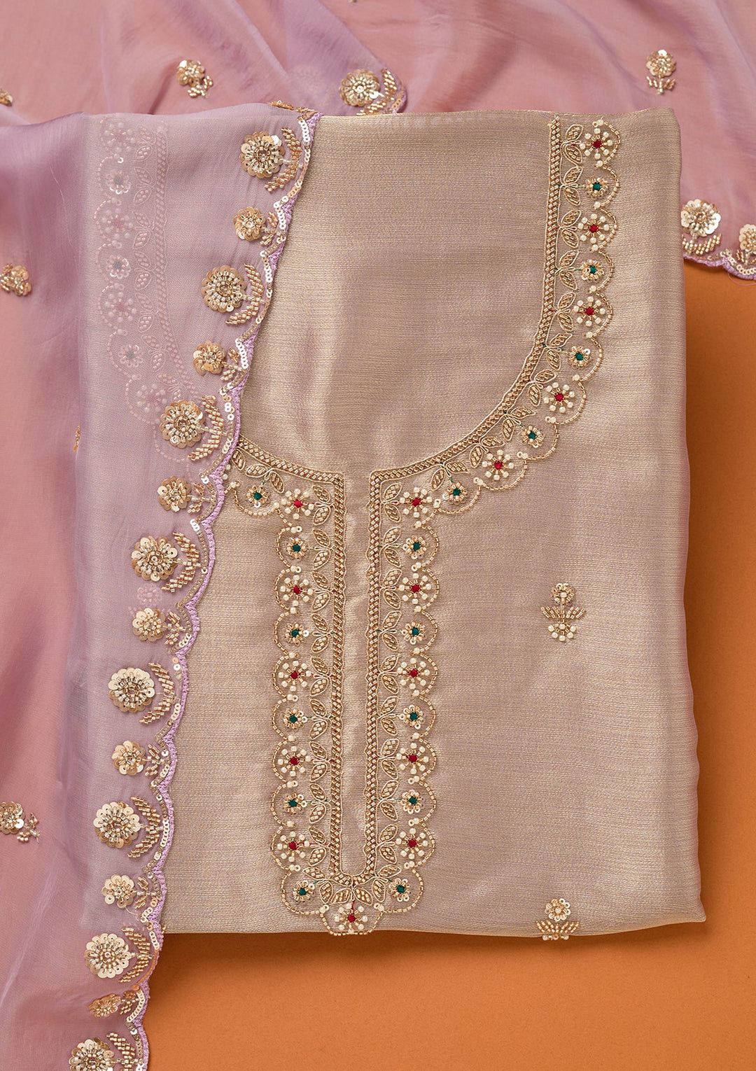 Lavender Tissue Cutdana Unstitched Dress Material With Matching Bottom And Dupatta