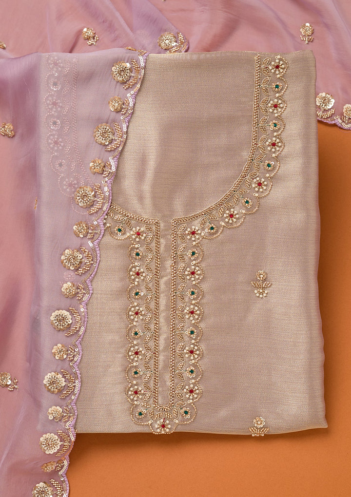Lavender Tissue Cutdana Unstitched Dress Material With Matching Bottom And Dupatta