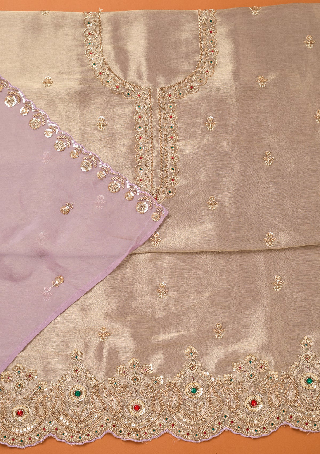 Lavender Tissue Cutdana Unstitched Dress Material With Matching Bottom And Dupatta