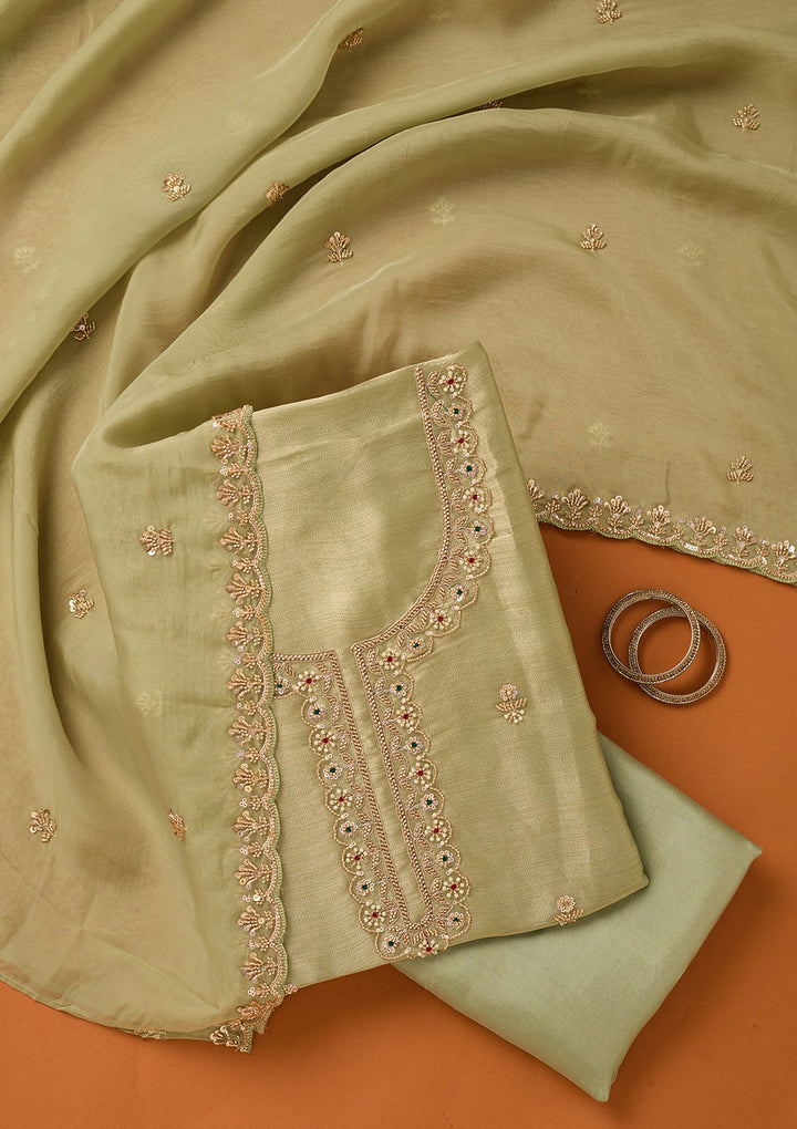 Pista Green Zariwork (Gold) Tissue Unstitched Salwar Suit
