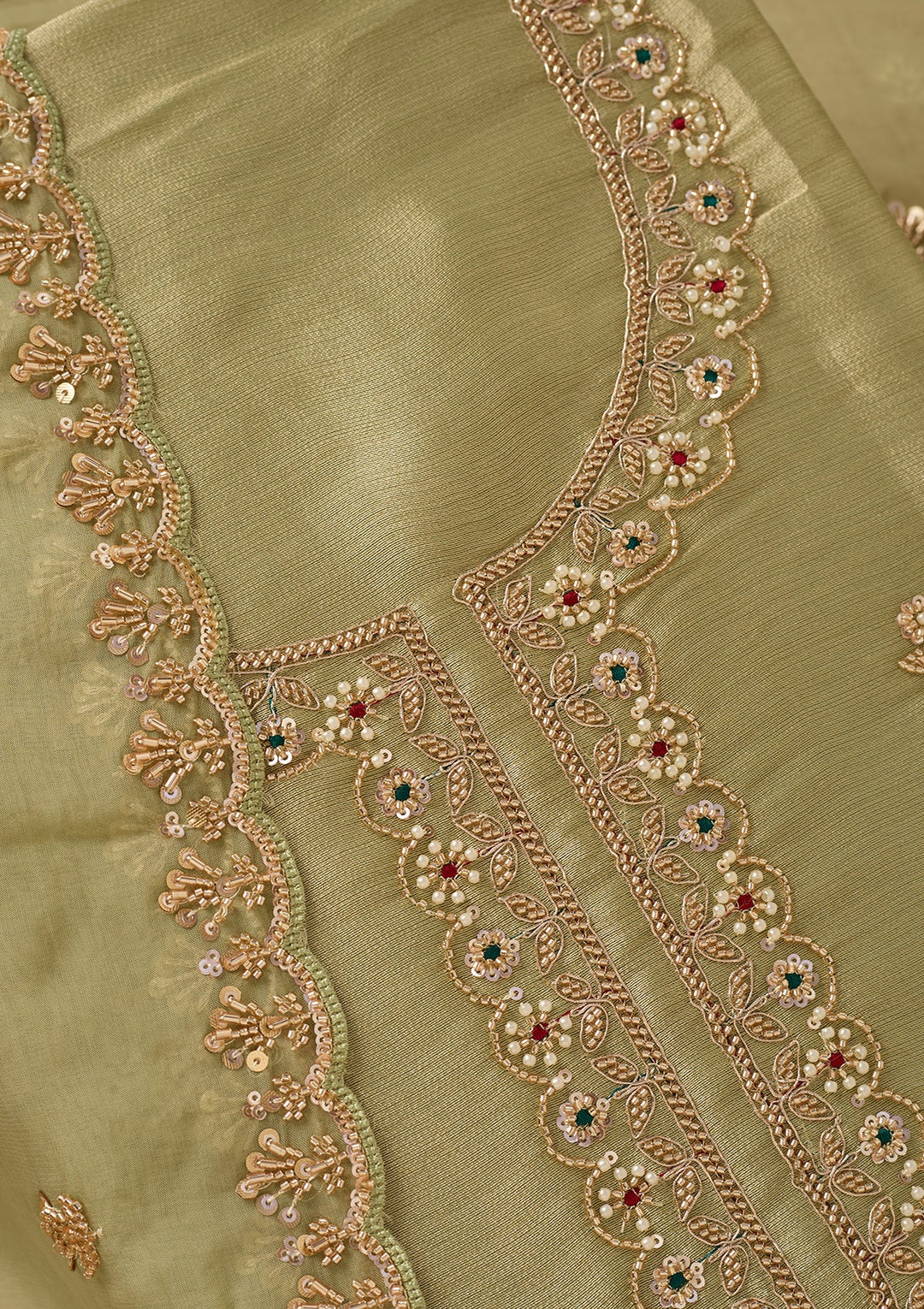 Pista Green Zariwork (Gold) Tissue Unstitched Salwar Suit