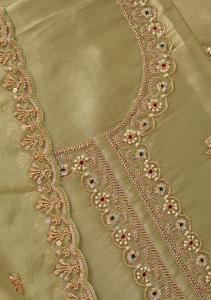 Pista Green Zariwork (Gold) Tissue Unstitched Salwar Suit