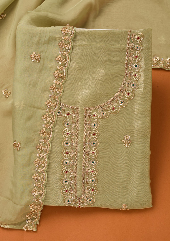 Pista Green Zariwork (Gold) Tissue Unstitched Salwar Suit