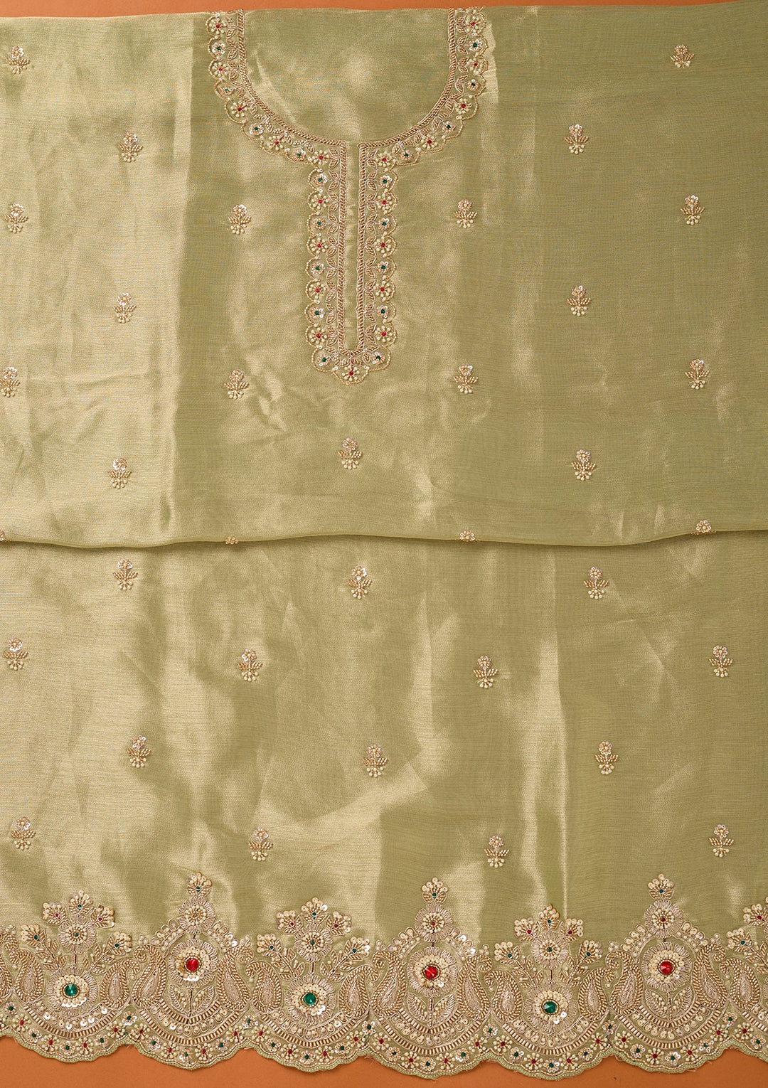 Pista Green Zariwork (Gold) Tissue Unstitched Salwar Suit