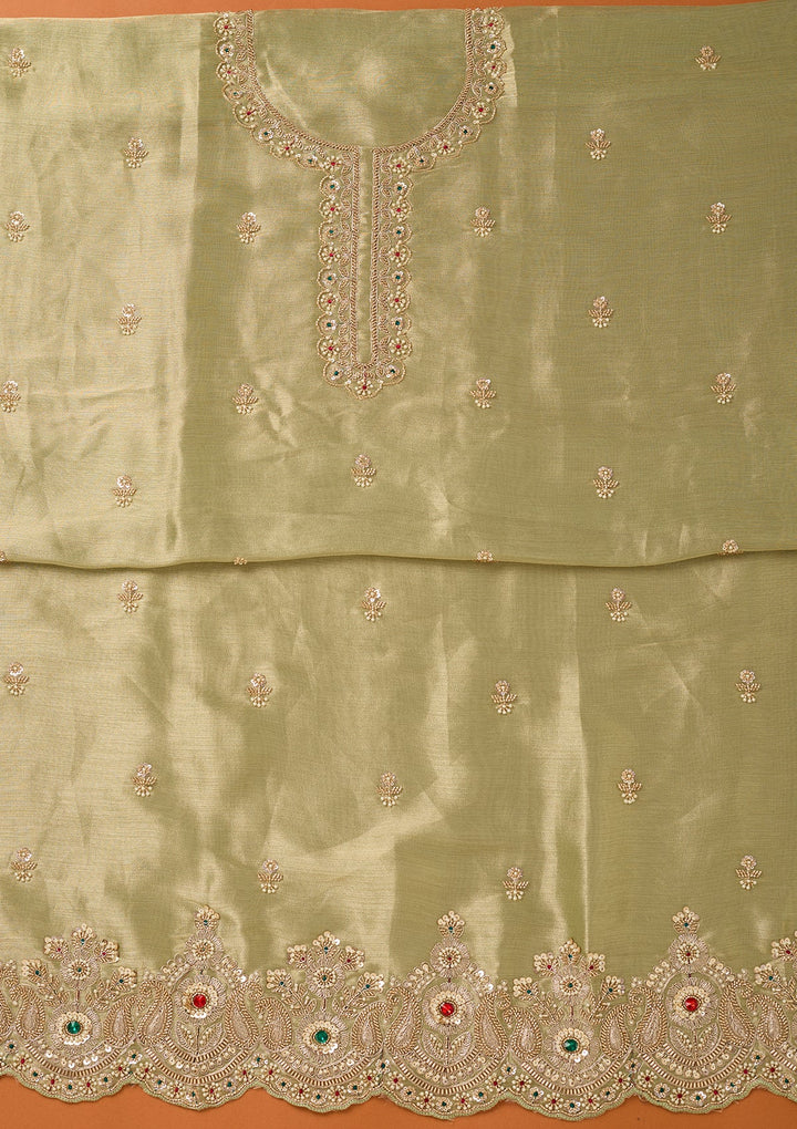 Pista Green Zariwork (Gold) Tissue Unstitched Salwar Suit