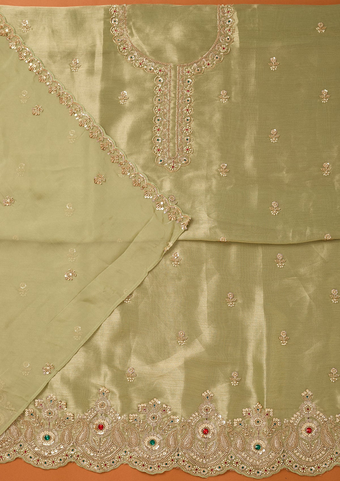 Pista Green Zariwork (Gold) Tissue Unstitched Salwar Suit