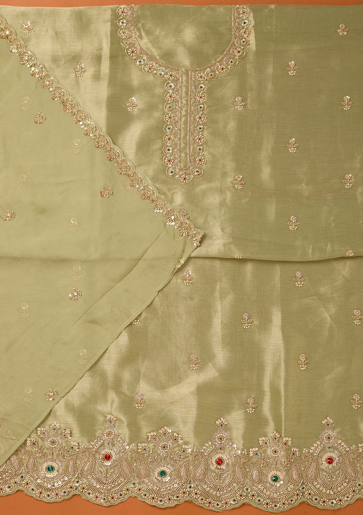 Pista Green Zariwork (Gold) Tissue Unstitched Salwar Suit