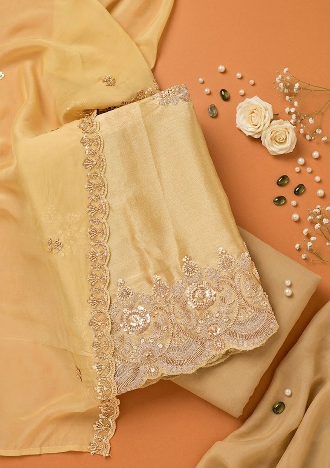 Beige Tissue Cutdana Unstitched Dress Material With Matching Bottom And Dupatta