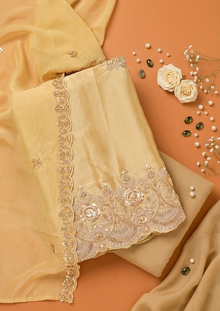 Beige Tissue Cutdana Unstitched Dress Material With Matching Bottom And Dupatta