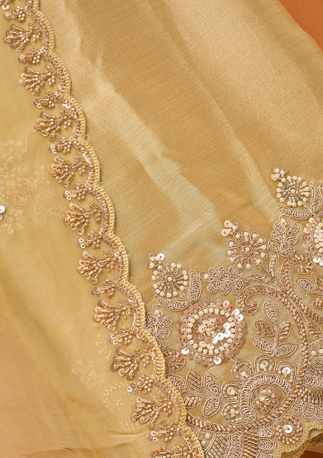 Beige Tissue Cutdana Unstitched Dress Material With Matching Bottom And Dupatta