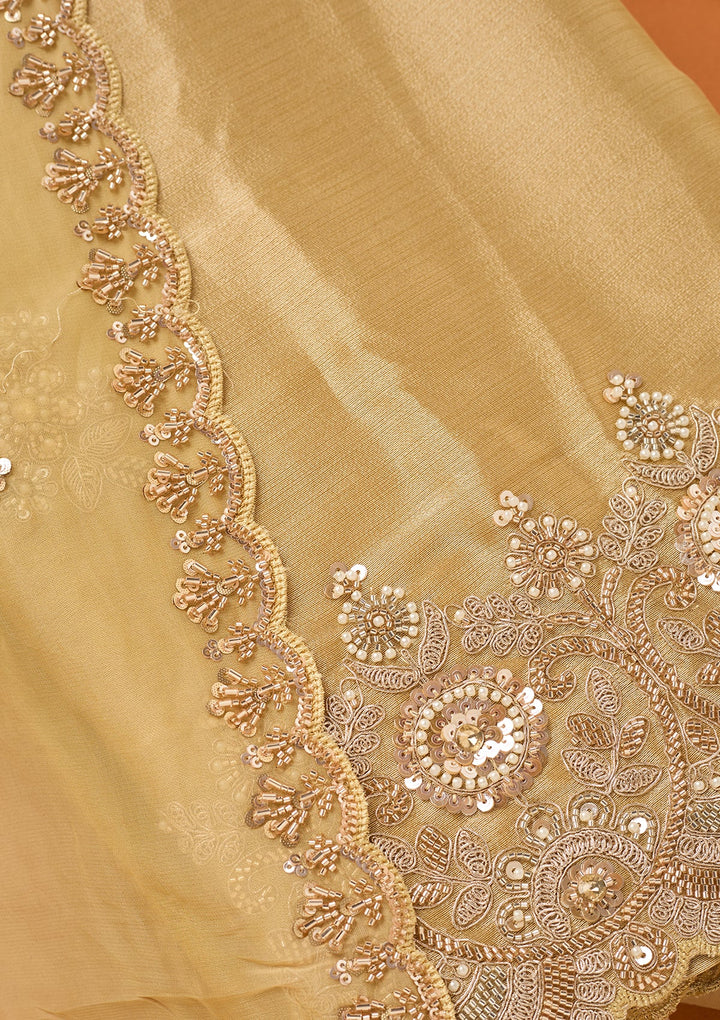 Beige Tissue Cutdana Unstitched Dress Material With Matching Bottom And Dupatta