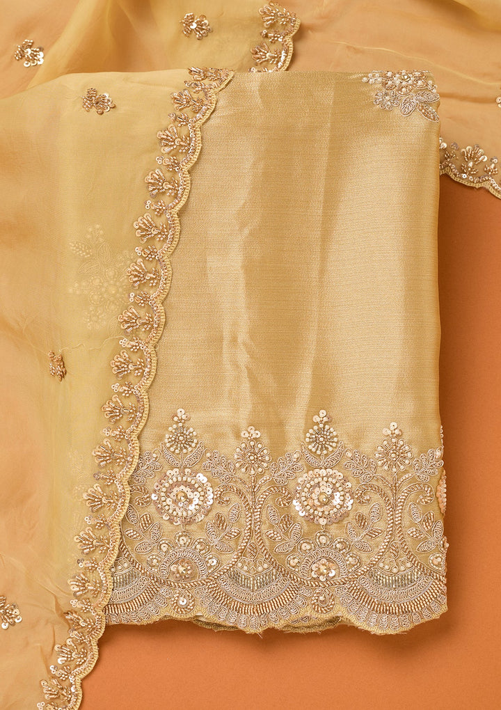 Beige Tissue Cutdana Unstitched Dress Material With Matching Bottom And Dupatta