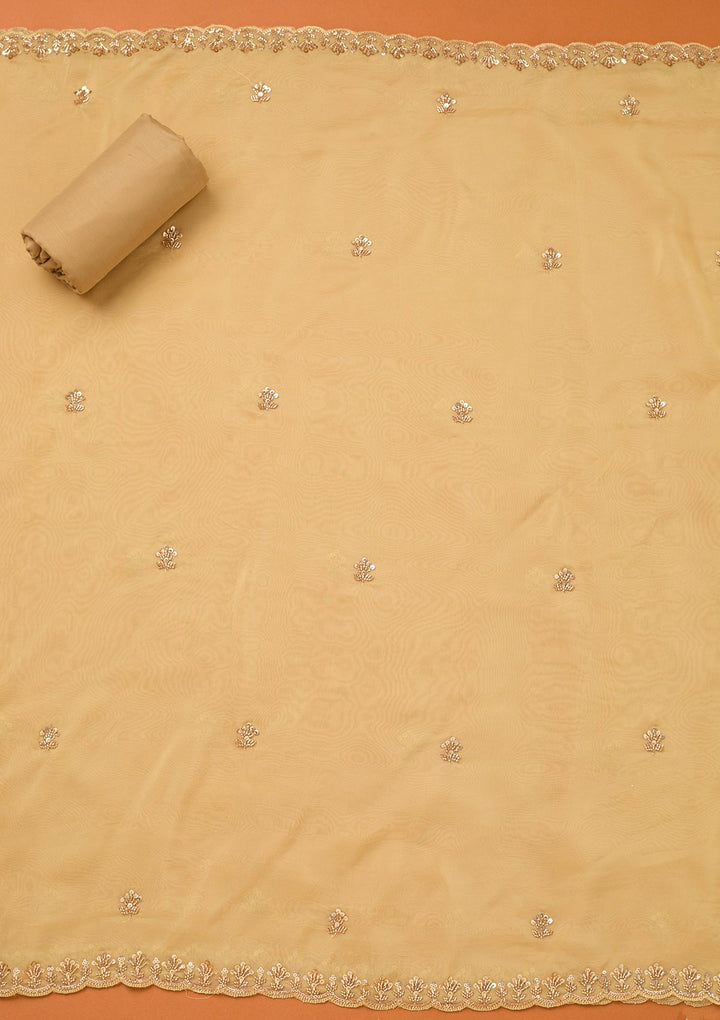 Beige Tissue Cutdana Unstitched Dress Material With Matching Bottom And Dupatta