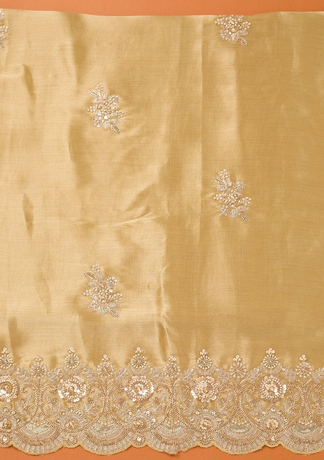 Beige Tissue Cutdana Unstitched Dress Material With Matching Bottom And Dupatta