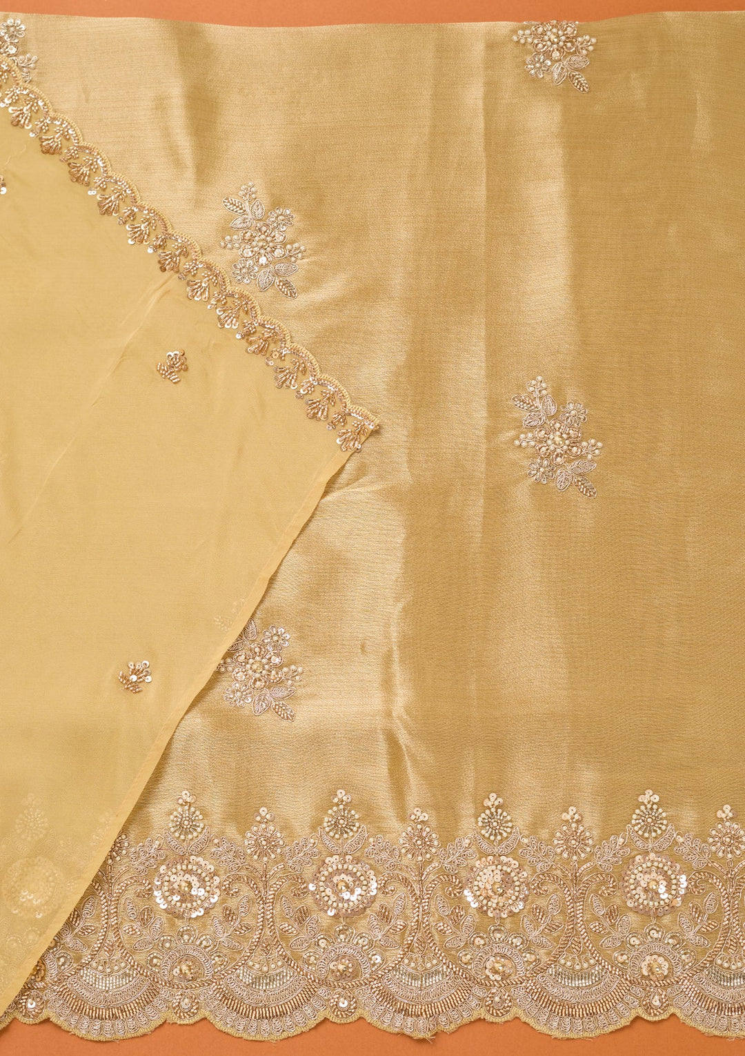 Beige Tissue Cutdana Unstitched Dress Material With Matching Bottom And Dupatta