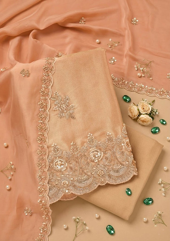 Peach Tissue Cutdana Unstitched Dress Material With Matching Bottom And Dupatta