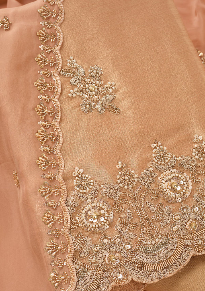 Peach Tissue Cutdana Unstitched Dress Material With Matching Bottom And Dupatta