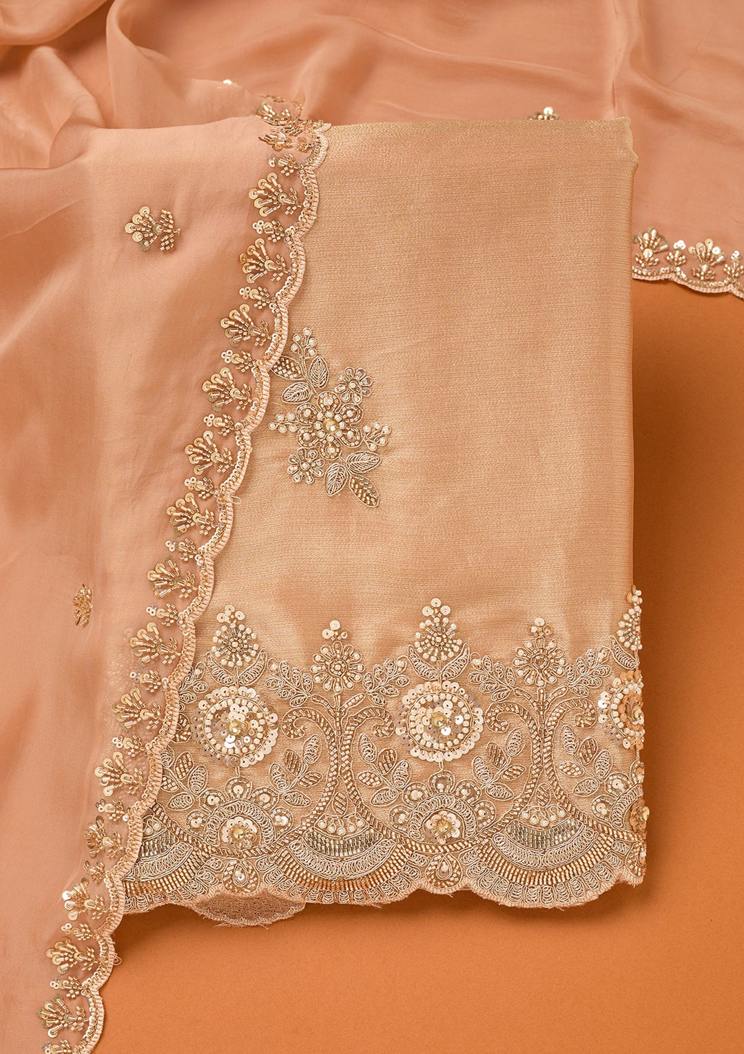 Peach Tissue Cutdana Unstitched Dress Material With Matching Bottom And Dupatta