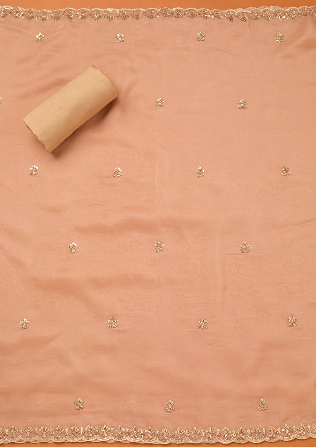 Peach Tissue Cutdana Unstitched Dress Material With Matching Bottom And Dupatta